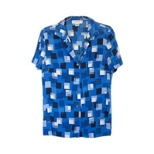 Katherine Kelly 100% Silk Blue Square Short Sleeve Button Down Blouse Women’s 12